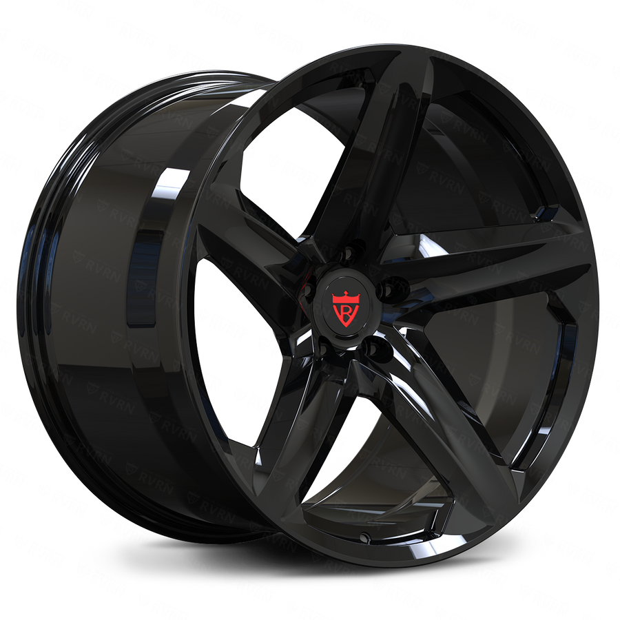 RVRN RV-MT02 custom forged 5 spoke wheel in black finish designed for Corvette C8 applications, lightweight monoblock construction with performance-focused fitment