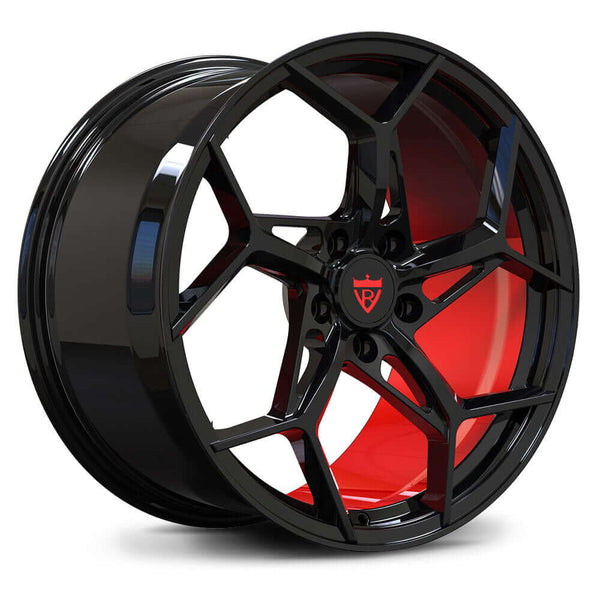 RVRN RV-MV03 custom forged Y Spoke Corvette wheels in black and red finish, lightweight performance wheel design with precision engineered forged construction