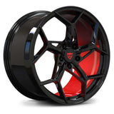 RVRN RV-MV03 custom forged Y Spoke Corvette wheels in black and red finish, lightweight performance wheel design with precision engineered forged construction