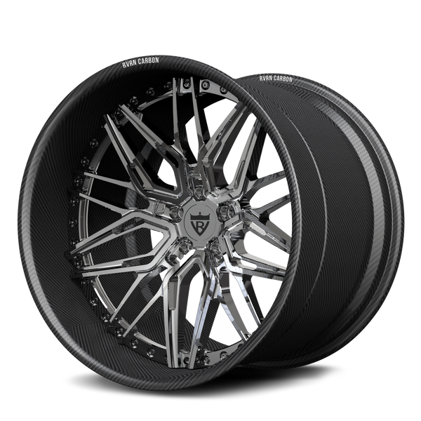 RV-T081 CF carbon fiber two-piece deep dish wheel with chrome finish angled view in transparent base