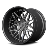 RV-T081 CF carbon fiber two-piece deep dish wheel with chrome finish angled view in transparent base