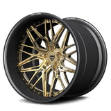 RV-T081 CF carbon fiber two-piece deep dish wheel with polished frozen gold finish and black logo