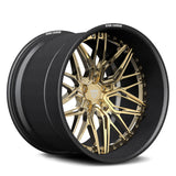 RV-T081 CF carbon fiber two-piece deep dish wheel with polished frozen gold finish and white logo