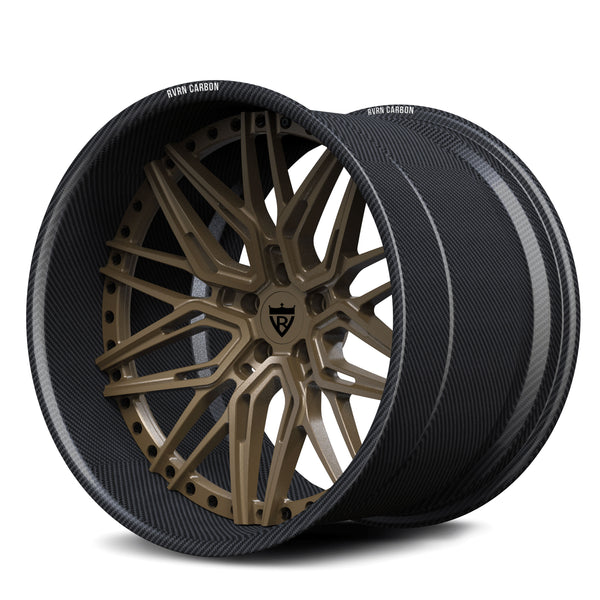 RV-T081 CF real carbon fiber two-piece deep dish wheel with matte bronze finish and black logo for performance sports cars