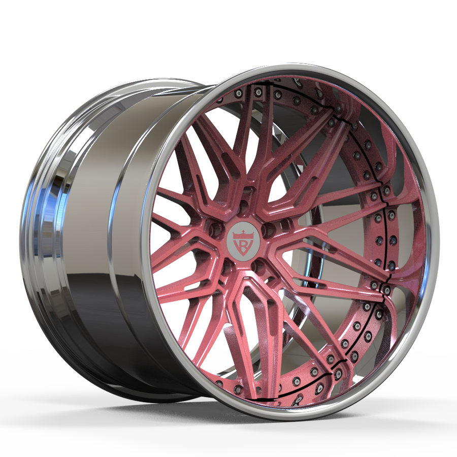 RVRN RV-T081 chrome pink wheels deep dish front angle showing bold contrast finish for custom truck builds