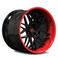 RV-T081 | CUSTOM FORGED 2-PIECE WHEELS - Black and red deep dish multi-spoke wheel for Lamborghini models