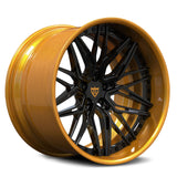 Detailed view of RVRN RV-T081 forged deep dish wheels in transparent gold with black highlighting precision machining