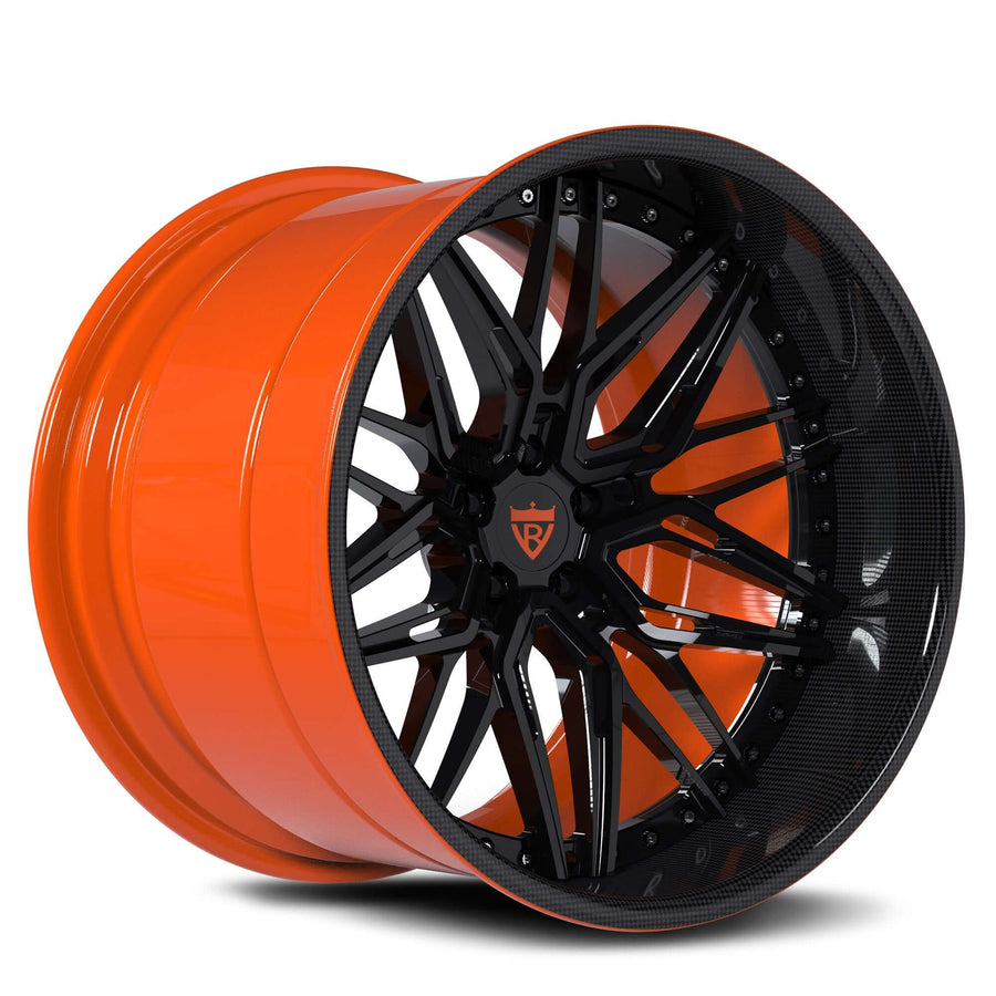 RVRN RV-T081 forged 3-piece deep dish wheels for 1970 Chevrolet Chevelle SS 454 LS6 with orange and black finish, custom old school rims with a bold performance design