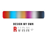 A digital graphic with a horizontal multicolor gradient bar at the top and the text 'DESIGN MY OWN RVRN+' below it on a plain white background.