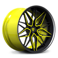 CUSTOM FORGED 2-PIECE DEEP DISH WHEELS: RV-T081 HIDDEN SCRWS in black and yellow with a carbon fiber finish.