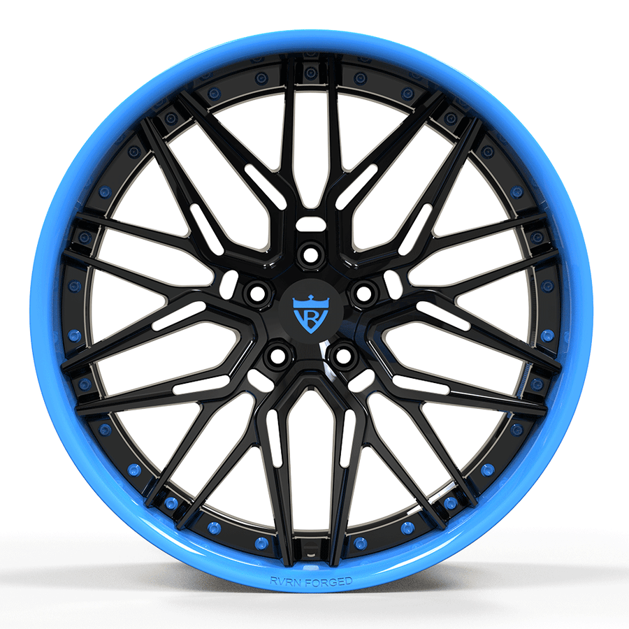 RVRN RV-T081 forged Corvette Stingray wheels featuring black and Rapid Blue finish, custom forged concave wheel design
