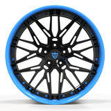 RVRN RV-T081 forged Corvette Stingray wheels featuring black and Rapid Blue finish, custom forged concave wheel design