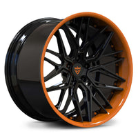 RVRN RV-T081 forged Corvette wheels in black and orange finish, lightweight custom forged concave wheels