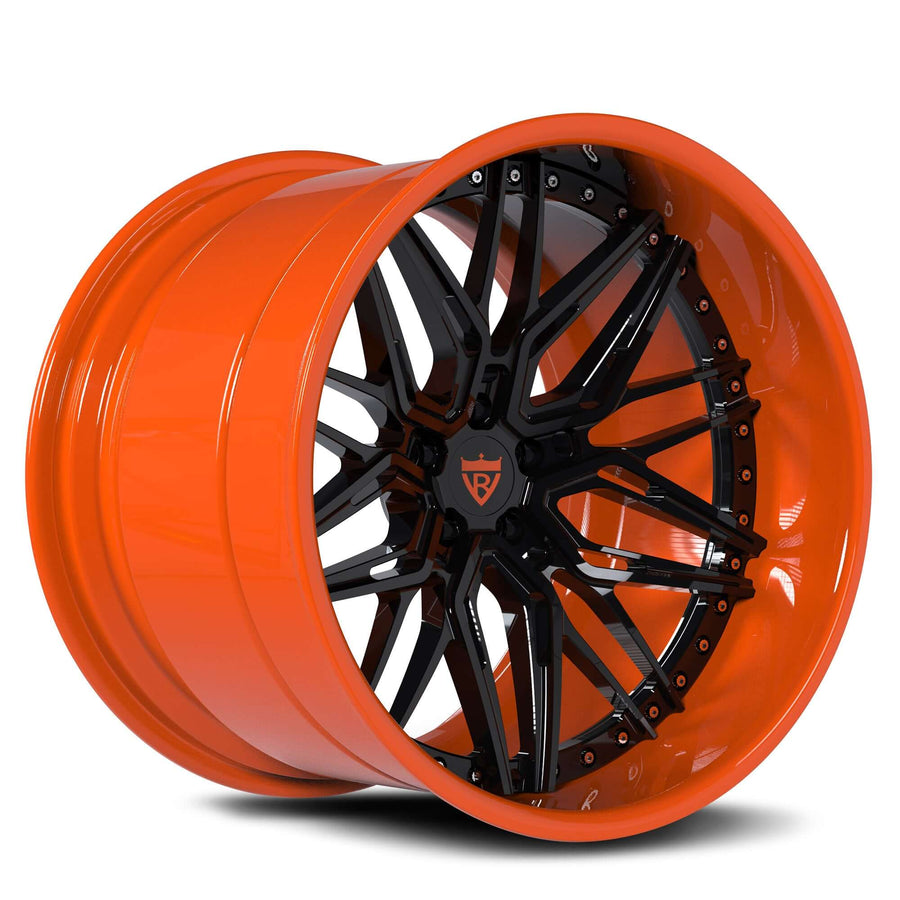 RVRN RV-T081 custom forged deep dish wheels for 1969 Ford Mustang Boss 429, featuring orange with black finish, 3-piece construction, old school styling and custom fitment