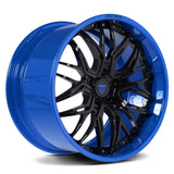 RVRN RV-T081 forged deep dish BMW M4 wheels in black and blue, custom 2-piece construction with deep dish performance styling