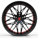 RVRN RV-T081 custom forged deep dish BMW M4 wheels in red and black, 2-piece performance design with a pronounced deep dish profile