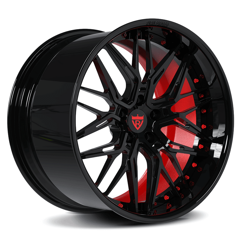 RVRN RV-T081 custom forged deep dish Corvette C8 wheels in red and black, 2-piece design with bold performance styling