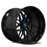 RVRN RV-T081 custom Challenger forged wheels with Gloss Black spokes and Blue Accents, deep dish performance wheels