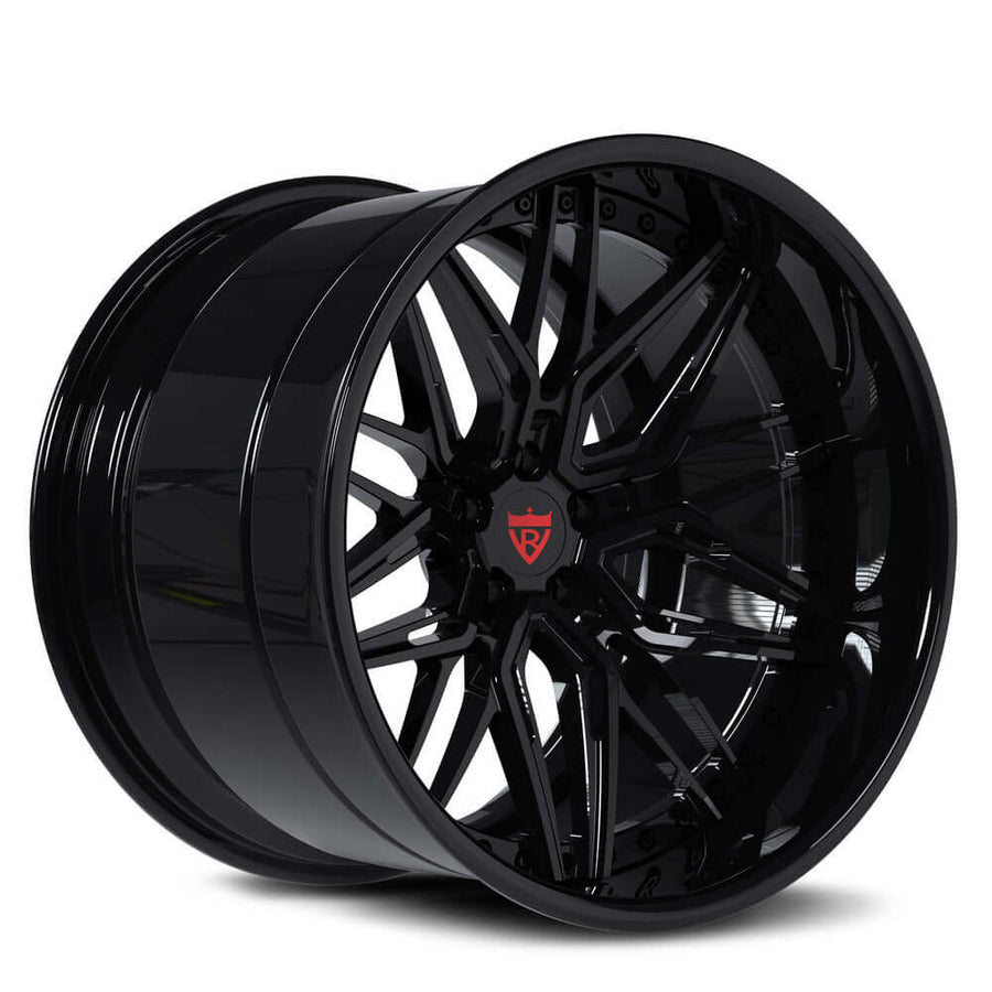 RVRN RV-T081 Dodge Challenger wheels in Gloss Black with Red Stripe, custom black forged wheels engineered for flush fitment