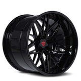 RVRN RV-T081 Dodge Challenger wheels in Gloss Black with Red Stripe, custom black forged wheels engineered for flush fitment