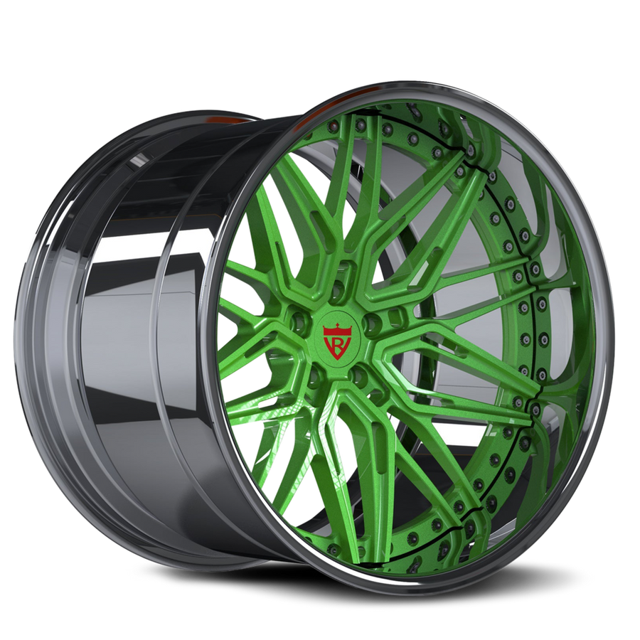 Custom forged 2-piece green Jeep Wrangler wheel design for a unique off-road look.