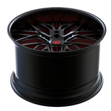 RVRN RV-T081 custom forged deep dish McLaren 720S wheels in red and black, lightweight 2-piece construction with distinctive styling