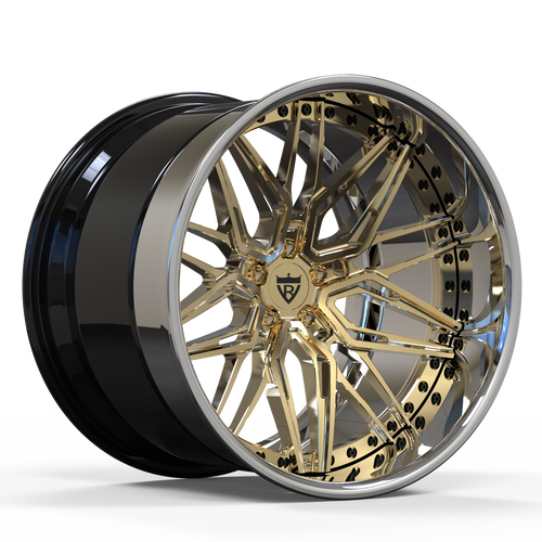 RVRN RV-T081 custom 3-piece forged deep dish wheel in frozen gold finish, premium lightweight performance wheel designed for McLaren applications with custom fitment engineering