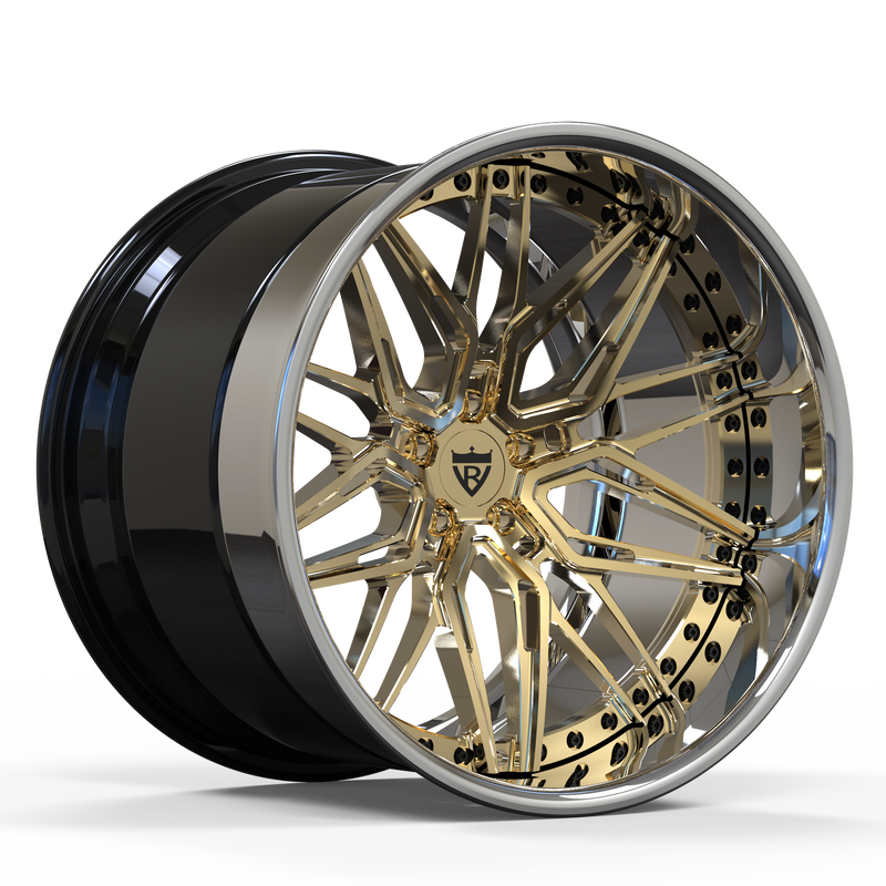 RVRN RV-T081 custom 3-piece forged deep dish wheel in frozen gold finish, premium lightweight performance wheel designed for McLaren applications with custom fitment engineering