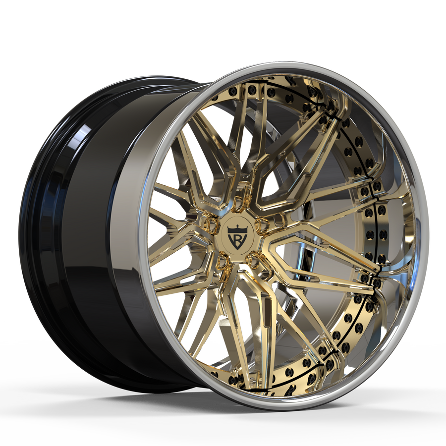 RVRN RV-T081 custom 3-piece forged deep dish wheel in frozen gold finish, premium lightweight performance wheel designed for McLaren applications with custom fitment engineering