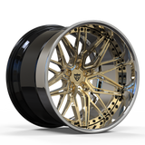 RVRN RV-T081 custom 3-piece forged deep dish wheel in frozen gold finish, premium lightweight performance wheel designed for McLaren applications with custom fitment engineering
