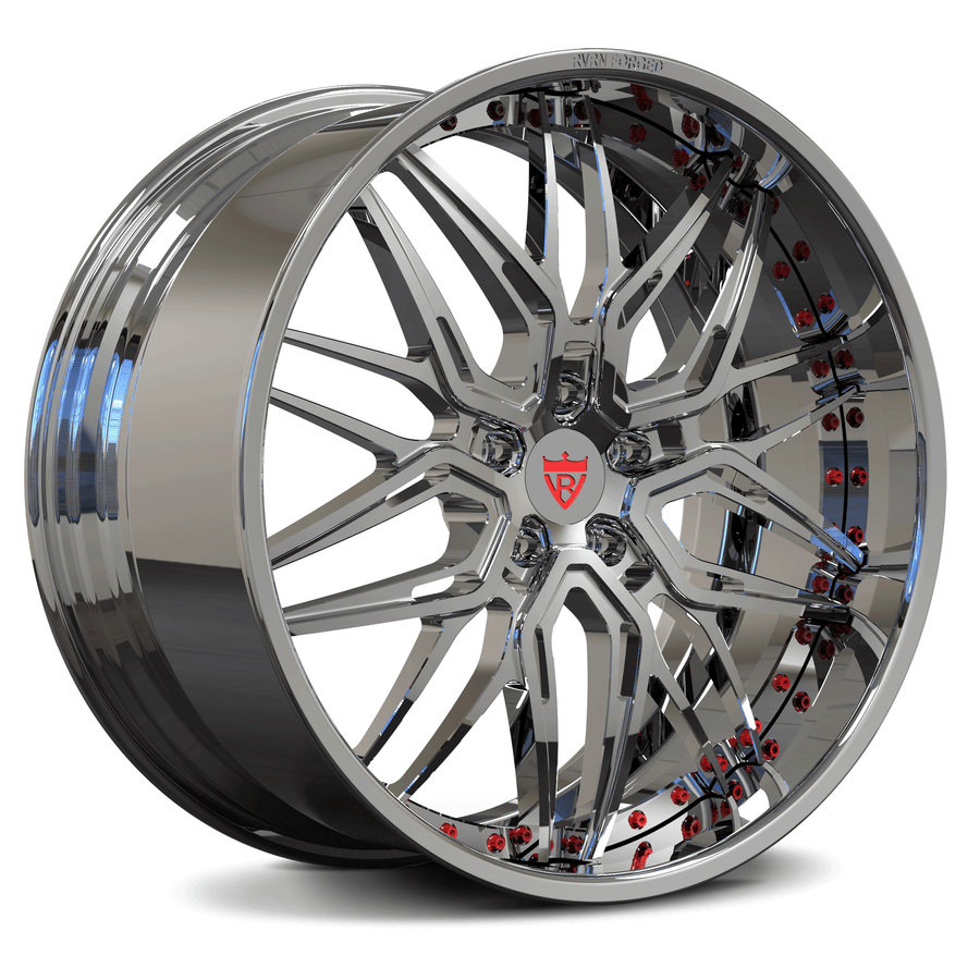 Custom forged 2-piece Corvette wheels, chrome finish, ideal for C8 with deep dish design and enhanced brake clearance.
