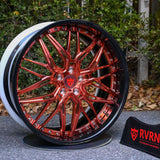 RVRN RV-T081 custom 2-piece forged deep dish wheel for Range Rover Sport, polished rose gold spokes and gloss black barrel with personalized wheel fitment