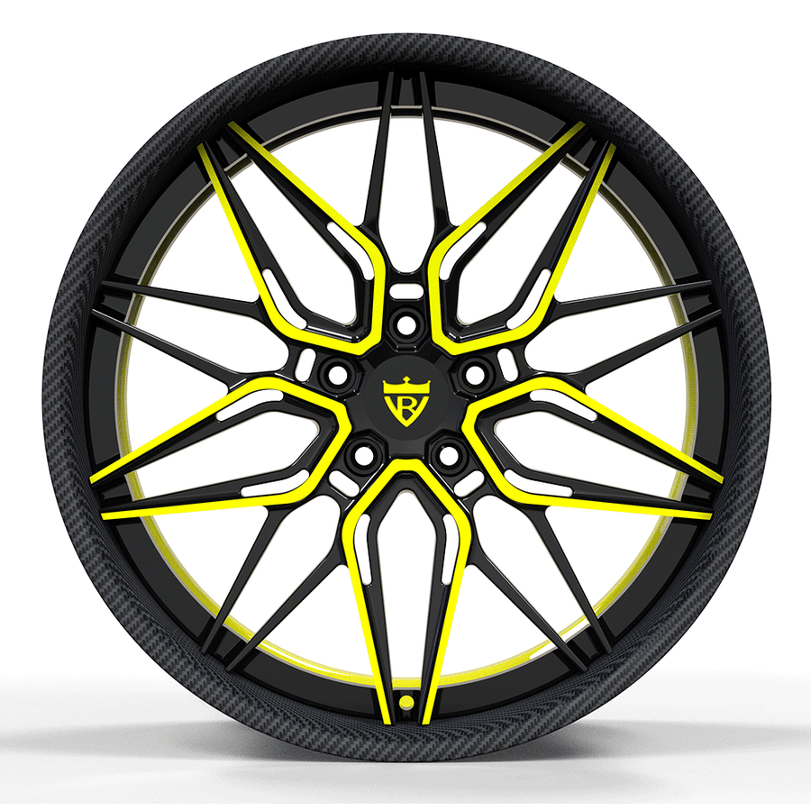 Yellow and black forged multi spoke RVRN RV-T081 wheels inspired by Porsche 911 performance wheel styling