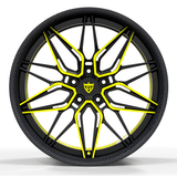 Yellow and black forged multi spoke RVRN RV-T081 wheels inspired by Porsche 911 performance wheel styling