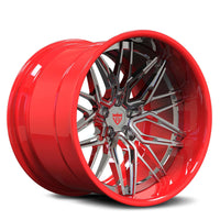 RVRN RV-T081 custom forged deep dish red and chrome wheels designed for McLaren 720S performance applications