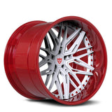RVRN RV-T081 custom forged red and white deep dish wheels engineered for BMW M4 performance and lightweight handling
