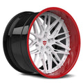 RVRN RV-T081 forged red black and white wheels for Corvette C8 featuring aggressive deep dish styling and custom engineering