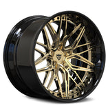 Ferrari equipped with RVRN RV-T081 deep dish wheels polish frozen gold with black accents, performance forged construction