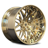 McLaren stance shot with RVRN RV-T081 polish frozen gold deep dish wheels engineered for performance driving dynamics
