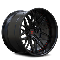 RVRN RV-T081 matte black deep dish forged wheel with red contrast accents for a custom Toyota GR86 build