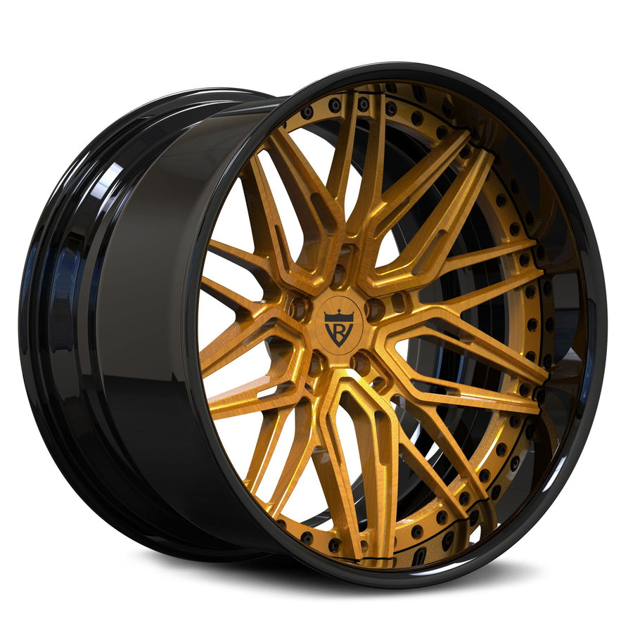 Center hub close-up of RVRN RV-T081 forged wheels transparent gold black finish showing precision fitment design for Acura TLX/MDX