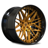 Center hub close-up of RVRN RV-T081 forged wheels transparent gold black finish showing precision fitment design