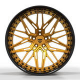 Aerodynamic performance-focused view of RVRN RV-T081 forged deep dish wheels transparent gold black finish