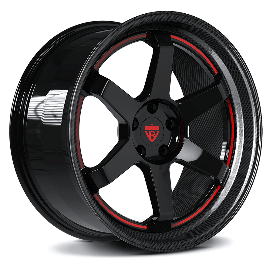 RVRN RV-DF37 custom forged 6 spoke wheels for Mustang in red and black finish showcasing aggressive fitment