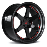 RVRN RV-DF37 custom forged 6 spoke wheels for Mustang in red and black finish showcasing aggressive fitment