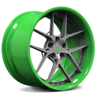 RVRN forged deep dish wheel RV-DR08 green and grey finish for supercar applications including Corvette and Porsche