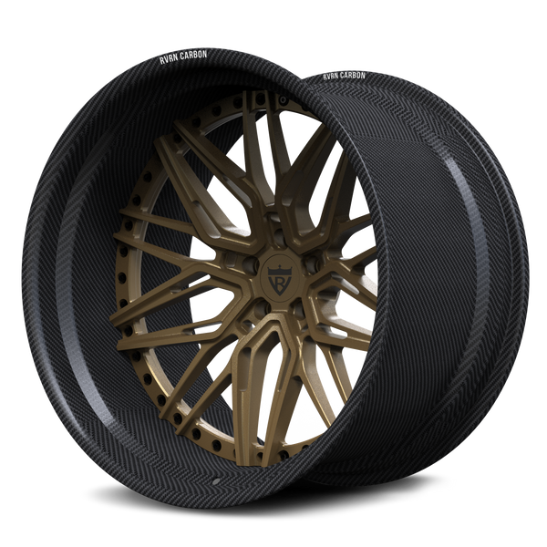 Genuine carbon fiber deep dish wheels for Lamborghini Urus, RVRN RV-T081 custom forged brown center 2-piece design alternative side view.