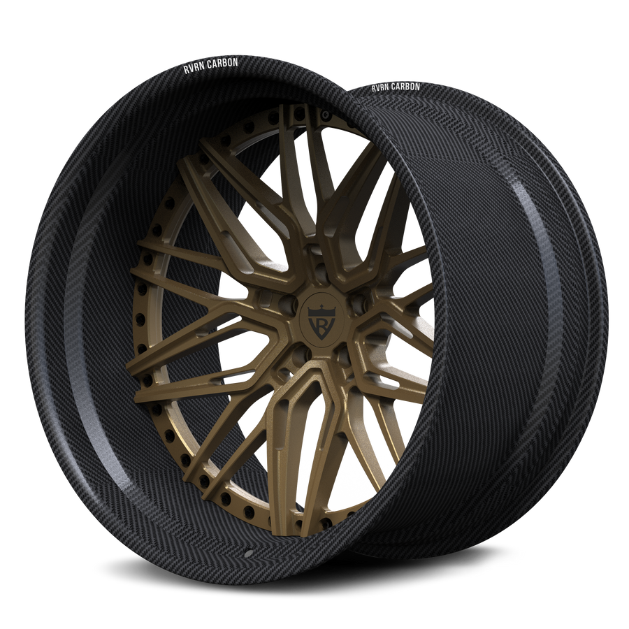 Genuine carbon fiber deep dish wheels for Lamborghini Urus, RVRN RV-T081 custom forged brown center 2-piece design alternative side view.