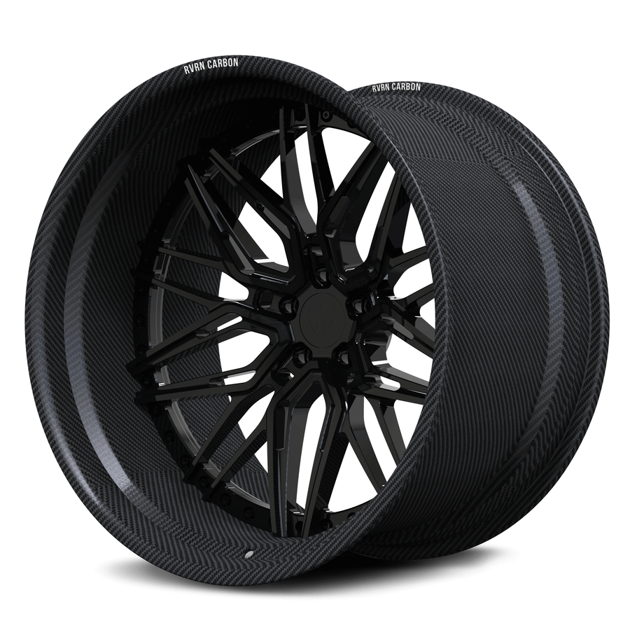 Genuine carbon fiber deep dish wheels for Lamborghini Urus, RVRN RV-T081 real carbon fiber gloss black face custom 2-piece wheels.