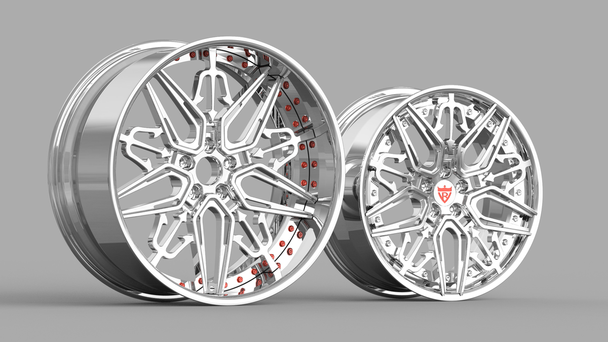 RVRN 3D engineering render of RV-T081 chrome forged wheels illustrating deep chrome lip and staggered profile.